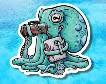 French Press Freddie, The Common Octopus Sticker, lap top sticker, reusable water bottle sticker, Cephalopod Sticker, Coffee Sticker