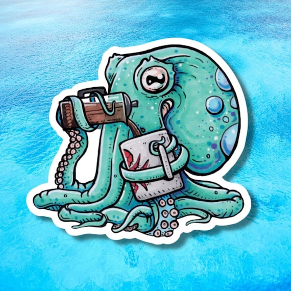French Press Freddie, The Common Octopus Sticker, lap top sticker, reusable water bottle sticker, Cephalopod Sticker, Coffee Sticker