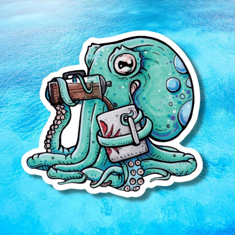 Pode incluir: Uma ilustra&ccedil;&atilde;o de desenho animado de um polvo verde com um olho grande bebendo de uma caneca marrom. O polvo tem um corpo com padr&atilde;o azul e roxo e est&aacute; segurando uma caneca branca com um design vermelho.