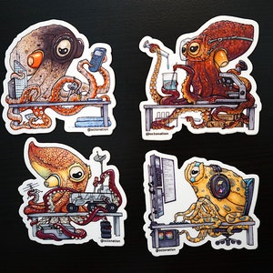 4 Stickers: Octopus STEM Sticker Pack, Science, Technology, Engineering, Mathematics, Aquatic Animals, Ocean Stickers