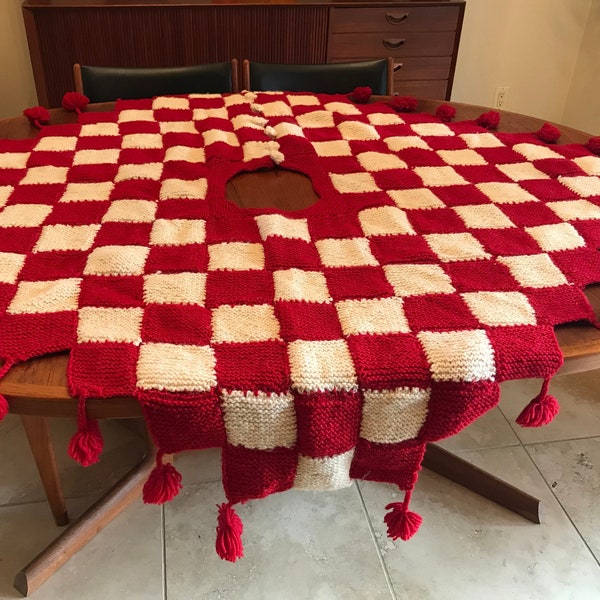 Hand Knit Wool Tree Skirt Pom Poms Red White 52” By CaliforniaDreamin4Me