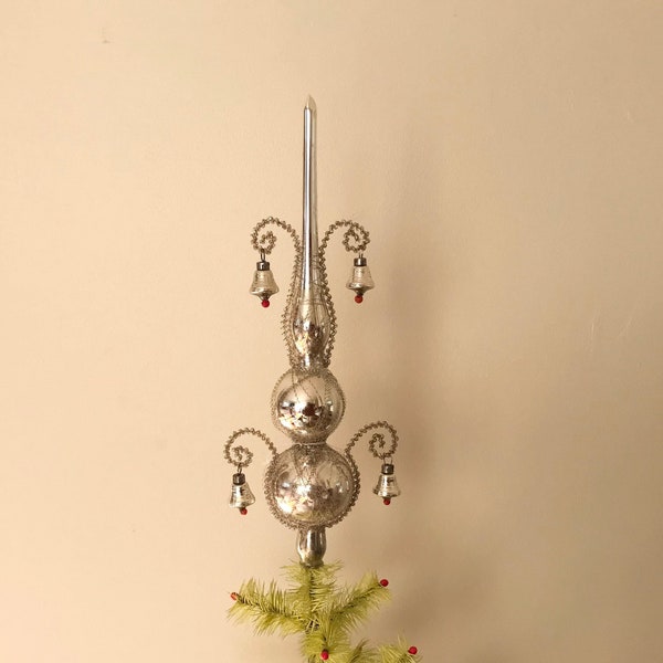 Antique German Tree Topper Wire Wrapped With Bells Tinsel Silver 1920s Blown Glass By CaliforniaDreamin4Me