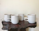 4 Vintage Heath Ceramic Coupe Mugs Opaque White Low Handle Mugs Rare Minimalist Organic
