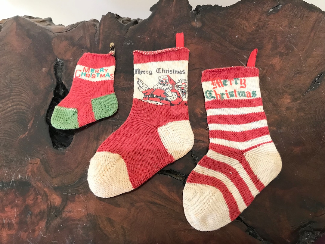 3 Tiny Christmas Stockings Santa Merry Christmas 1950s by