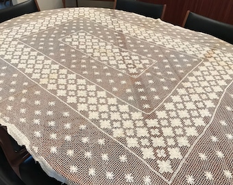 Antique Mondano Knotted Filet Net Mesh Lace Tablecloth Cream 70”x48” By CaliforniaDreamin4Me