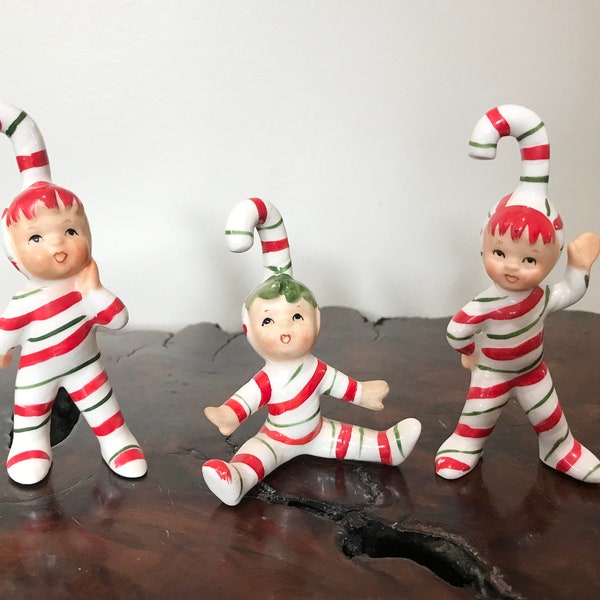 Lefton Geo Z Candy Cane Pixie Christmas Figurines Lefton Pajama Kids 1950s By CaliforniaDreamin4Me