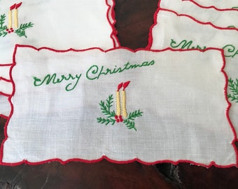 Madeira Christmas Cocktail Napkins Set/11 Linen Hand Embroidered 6.5” By CaliforniaDreamin4Me