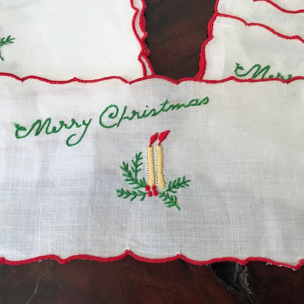 Madeira Christmas Cocktail Napkins Set/11 Linen Hand Embroidered 6.5” By CaliforniaDreamin4Me