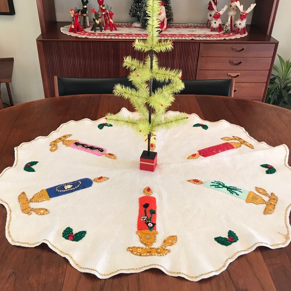 Christmas Tree Skirt Felt Sequins Candles 1960s 39” By CaliforniaDreamin4Me