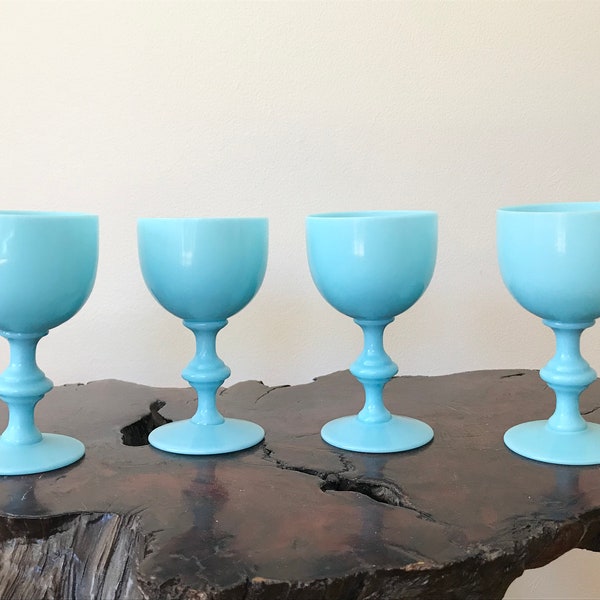 French Portieux Vallerysthal Blue Opaline Cordial Glasses 1920s Set/4, 4.5”