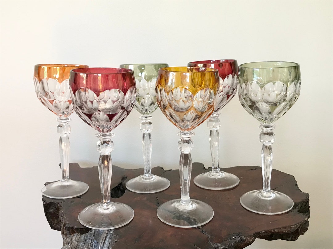 6 Bohemian Hock Wine Glasses Cut to Clear Jewel Toned Anna Hutte ...