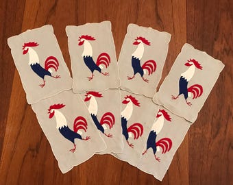 MCM Madeira Cocktail Napkins Red Rooster Linen Appliqué Embroidered 8” Rare Set/8 By CaliforniaDreamin4Me