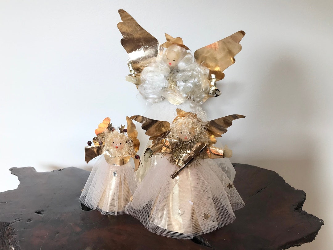 3 Nuremberg German Wax Faced Angel Tree Topper Spun Glass Hair 9 by