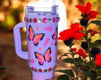 24oz Butterfly Bling Tumbler, Sparkle Drinking Cup, Rhinestone Tumbler, Gift For Her, Personalized Tumbler, Unique Drinkware