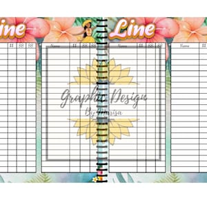 May include: A spiral-bound planner with a tropical theme. The planner features a grid layout with the word "Line" at the top, along with floral and hula dancer illustrations. The text "Graphic Design By Marisa" is also visible.
