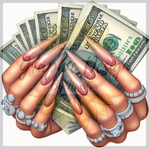 Ragazza che tiene i soldi PNG bling soldi clipart Pila di soldi Ispirazione per i soldi Sublimazione Unghie carine Manicure Soldi