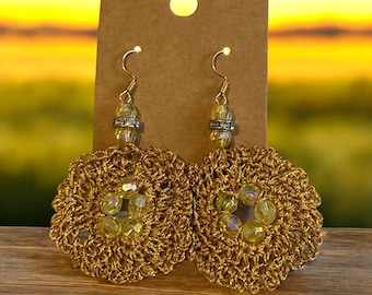 Gold Bronze Crochet Earrings, Handmade Earrings, Boho Jewelry, Statement Jewelry, Unique Earrings, Gift For Her