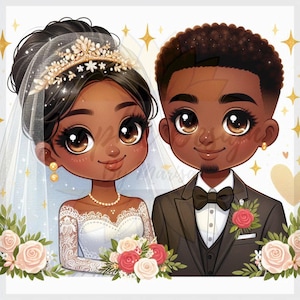 Clip art di coppia di sposi neri carini, immagini stampabili di sposi e sposi, download digitale di coppie innamorate, scrapbooking di matrimonio, artigianato di carta JPG