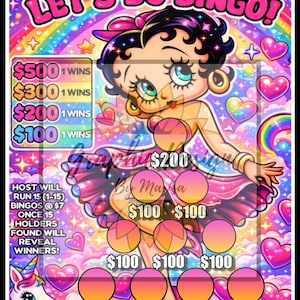 May include: A colorful bingo card featuring a cartoon woman with the text "LET'S DO BINGO!". The card includes prize amounts of $500, $300, $200, and $100. The background has a rainbow and hearts.
