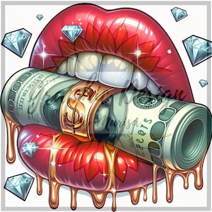 Labbra rosse con Clipart di denaro, denti che mordono denaro, labbra di denaro con sublimazione, denaro, labbra di Bill PNG, truffatrice, rotolo di banconote
