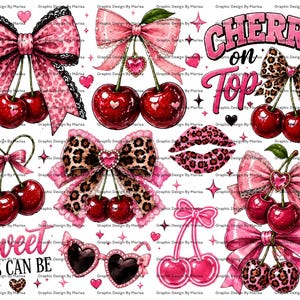 Puede incluir: Una hoja gráfica digital con varias ilustraciones de cerezas rojas, lazos rosas y con estampado de leopardo, gafas de sol en forma de corazón y labios. El texto dice Cherry on Top y sweet AS CAN BE, con pequeños corazones y estrellas rosas.