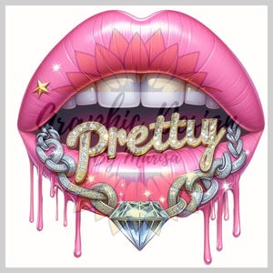Labbra rosa che gocciolano Clipart, denti scintillanti, belle labbra Sublimazione, Labbra PNG, Donna truffatrice, catena di diamanti