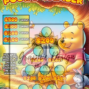 May include: A Winnie the Pooh themed game board with a yellow background and a green tree. The board has a grid of circles with dollar amounts written in them. The game is called "Pooh's Climber".