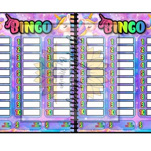 May include: A spiral-bound bingo game book with a colorful unicorn theme. The cover features the word "BINGO" in a rainbow font, along with unicorn illustrations. Each page has multiple bingo cards with numbered boxes and dollar sign icons.