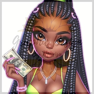 Ragazza afro nera carina con soldi, ragazza che tiene soldi, vestito verde lime, ragazza con trecce clipart, ragazza nera png