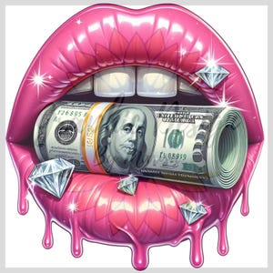 Labbra rosa con Money Clipart, denti che mordono soldi, labbra con soldi in sublimazione, soldi, labbra con banconote PNG, truffatrice, bankroll