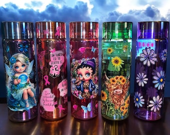 30oz plastic shiny water bottles tumblers. drinkware, breast cancer, sunflowers, fairy, flowers, Betty boop , big water bottles