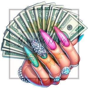 Clipart unghie con soldi, unghie scintillanti, mani con stampa a sublimazione che tengono soldi, ventaglio di soldi in formato PNG, truffatrice, rotolo di banconote, ragazza che tiene soldi