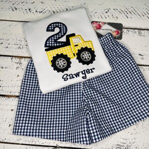 Birthday Number Dump Truck Applique Toddler Boy Shirt,Monogram Dump Truck Toddler Boy Shirt,Personalized Gingham Boy Dump Truck Outfit