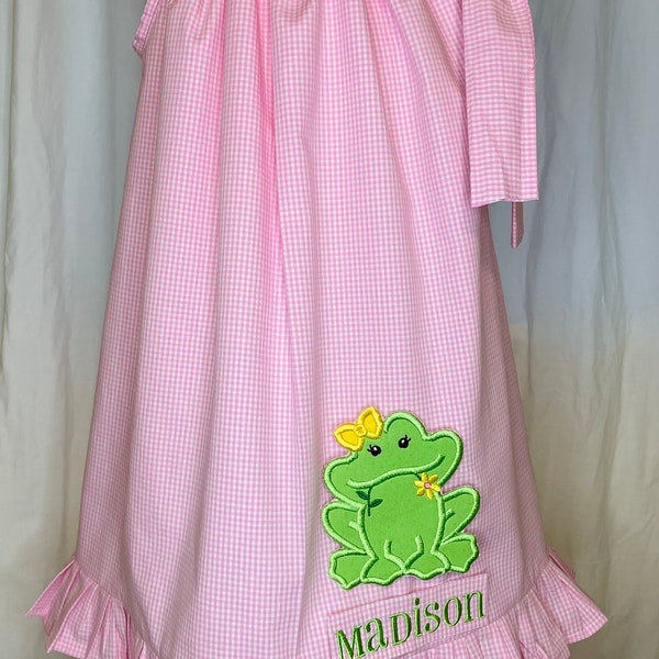Frog Pink Ruffle Dress,Toddler Girl Pink Gingham Frog Dress,Monogram Frog Twirl Dress,Personalized Summer Girl Frog Dress,Short Set, Girl