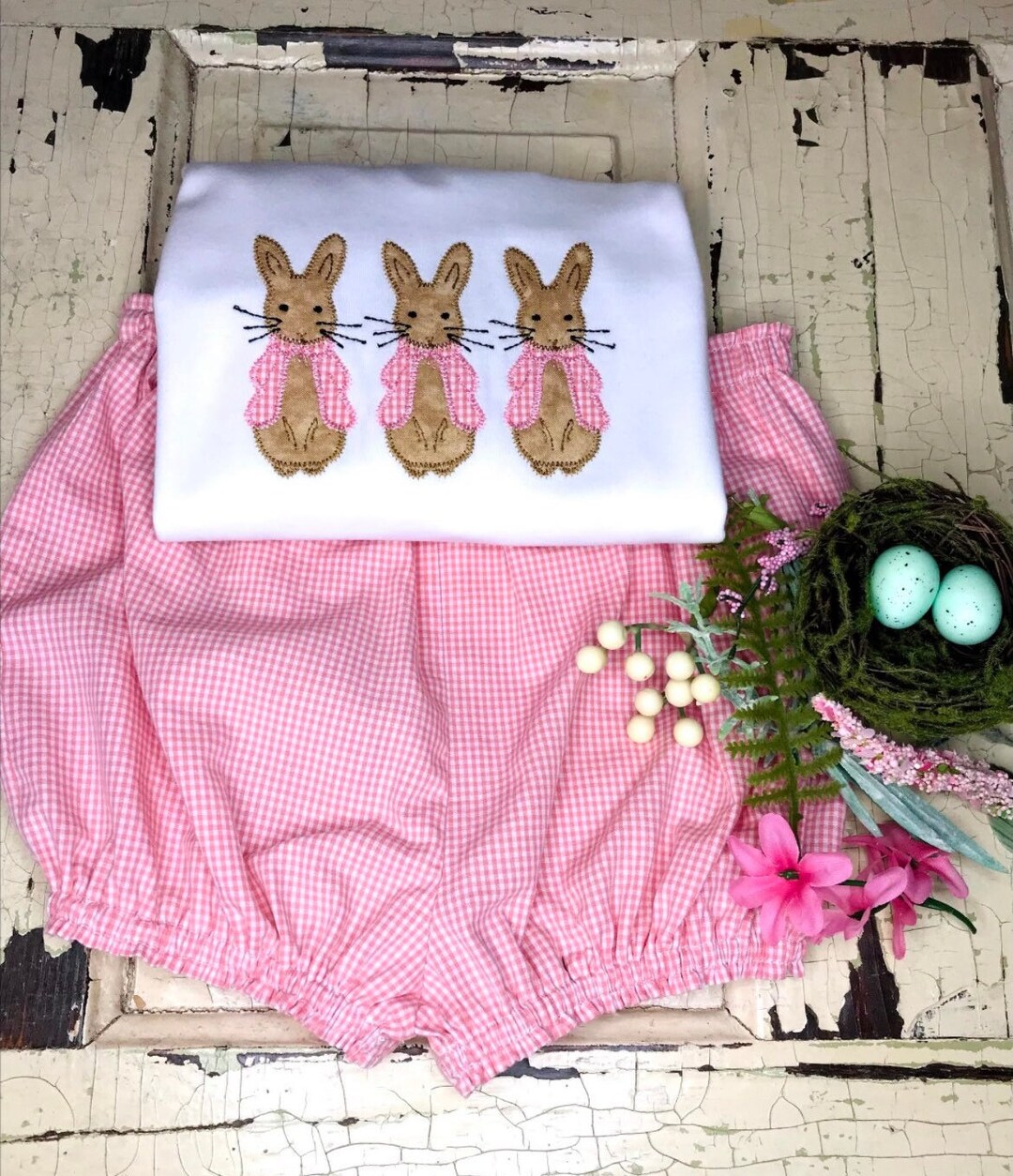 Sal & Pimenta Girls Bubble - Pink Gingham Easter Bunny with Side Bows