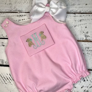 Pink Gingham Baby Girl Bubble,Dog with Bow Monogram,Baby Girl Puppy Monogram,Infant Girl Summer Bubble Monogram,Baby Summer Pictures,Baby 3m