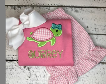 Girl Turtle shirt,Summer Vacation Girl Outfit,Beach Pictures Toddler Girl Outfit,Preschool Girl Turtle Outfit,Monogram Turtle Girl Shirt