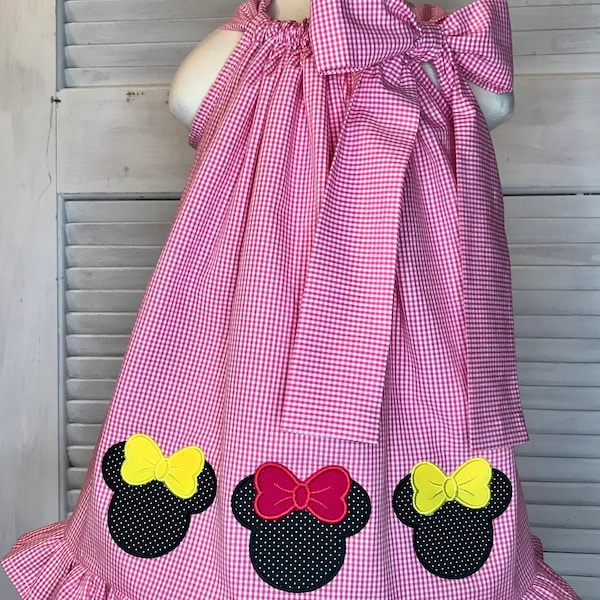 Mouse Girl with Bow,Pink Gingham Dress,Pillowcase dress, Disney trip dress, Toddler sundress, Ruffle dress, Twirl dress, Birthday dress