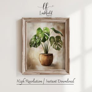 Rustic Monstera Plant in Ceramic Pot - Earthy Printable Wall Art, Cottagecore Decor, Botanical Digital Painting, Vintage Greenery 118