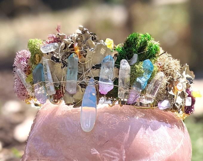 Featured listing image: Elvish Inspired Real Crystal and Gemstone Crown with Real Preserved Moss