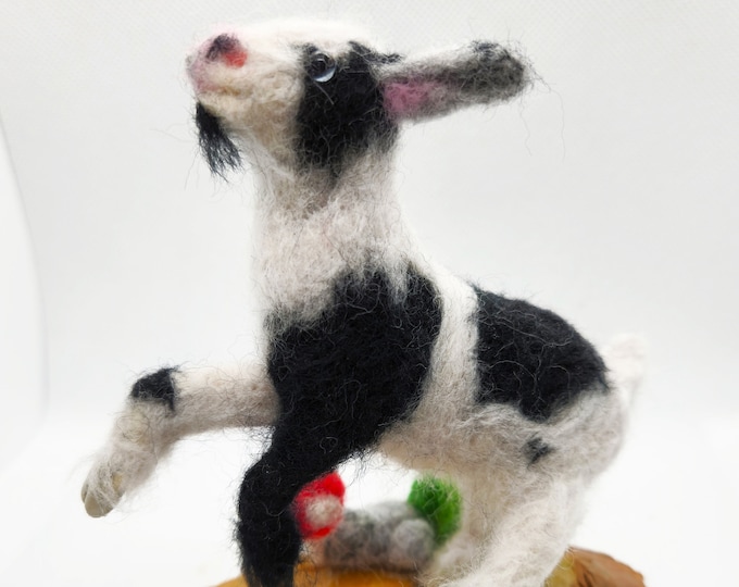 Featured listing image: Happy Goat - Needle Felted, OOAK - Wood base with Mushroom Decoration