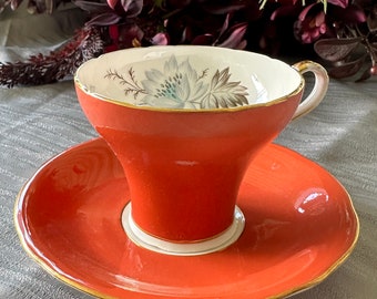 Vintage Aynsley benporslin korsett tekopp och fat: orange blommig, England