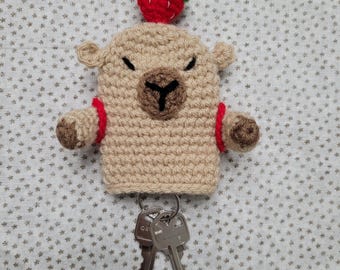 Handmade Capybara Key Fob Cover: Acrylic Yarn with Strawberry