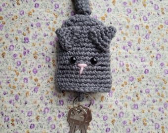 Crochet Gray Kitty Key Fob Cover: Handmade Acrylic Yarn Cat Design