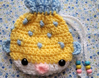 Handmade Crochet Puffer Fish Pouch: Yellow & Blue Drawstring Bag