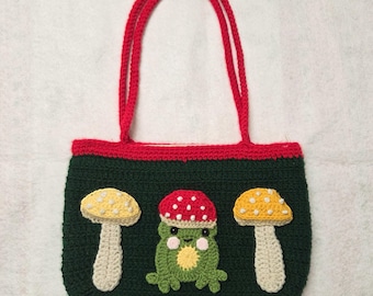 Crocheted Frog & Mushroom Tote Bag – Zipper Closure