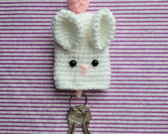 Handmade Crochet Bunny Key Fob Cover: Acrylic Yarn, Pink Tail