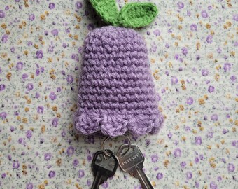Handmade Crochet Purple Flower Key Fob Cover with Drawstring
