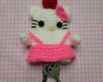 Crochet Hello Kitty Key Fob Cover: Acrylic Yarn, Apple Drawstring