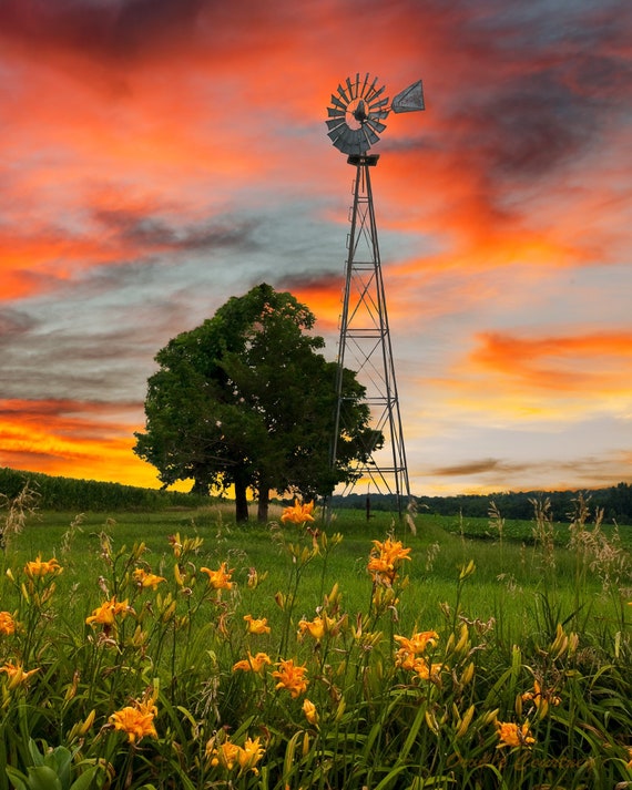 Midwest Windmill Sunset, Farm Photo, Landscape Canvas and Metal